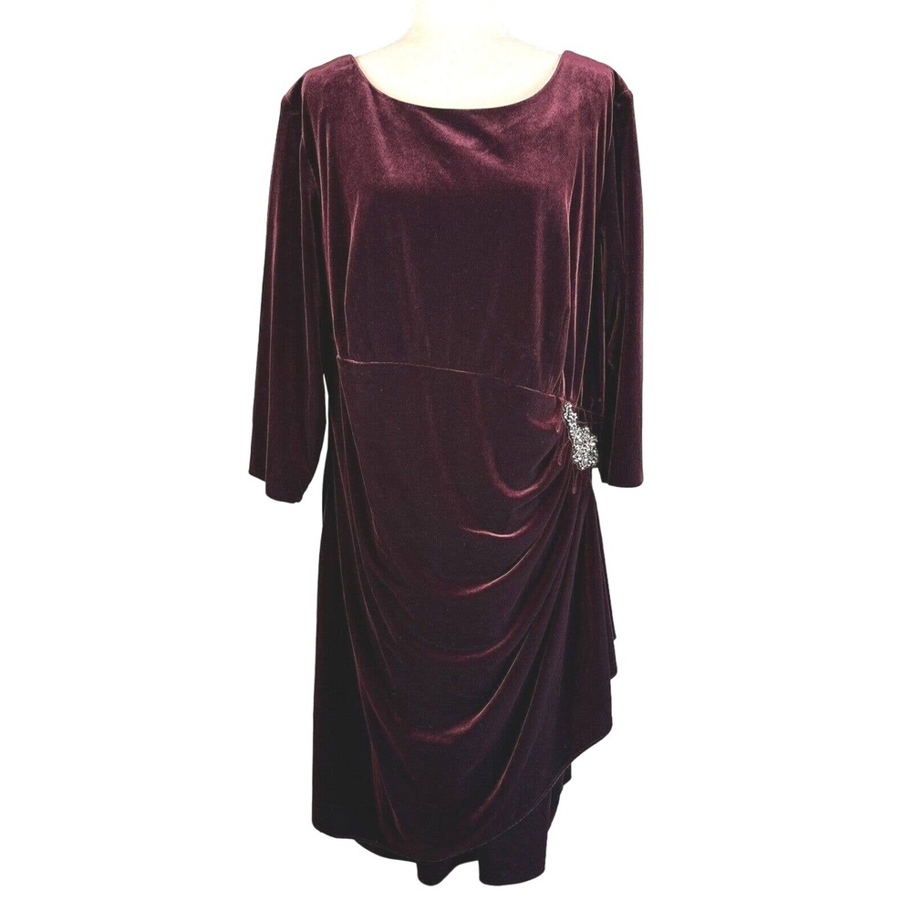 Alex Evenings Dress Size 24W Plus Maroon Velvet Rhinestone Holiday NWT